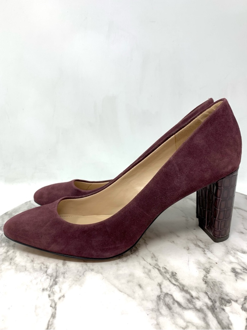 Essex Lane Margan Burgundy Suede Reptile Print Block Heel Pumps 8 Classic Preppy - Picture 3 of 15